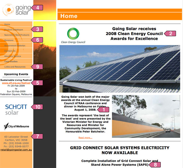 Going Solar homepage annotated