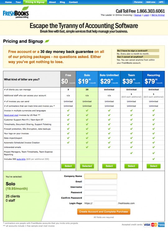 FreshBooks - Pricing and Signup page with the Solo plan selected